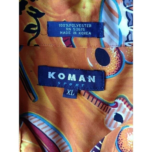 Vintage Koman Button Up Shirt Men's Size XL Tropical Graphic Orange Short Sleeve - Picture 2 of 7